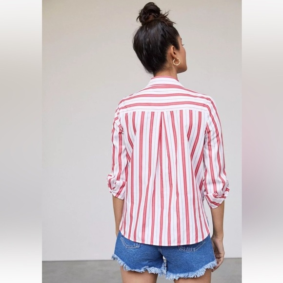 Harshman Anthropologie Striped Surplus Blouse In Red White Stripe High Low Sz M - Picture 3 of 12